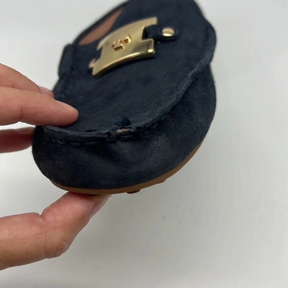 Kate Spade - Carmen Navy Suede Gold Logo Round Toe Driving Loafer Size 8